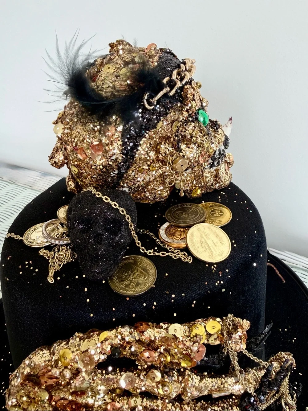 Pirates Bounty Black Gold Decorative Party Top Hat Embellished Skull& hands OS